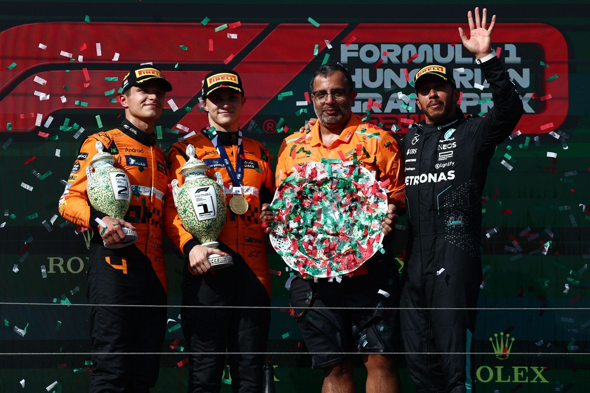 Lando Norris, Oscar Piastri of McLaren and Lewis Hamilton of Mercedes after the Formula 1 Hungarian Grand Prix at Hungaroring in Budapest, Hungary on July 21, 2024. (Photo by Jakub Porzycki/NurPhoto via Getty Images)