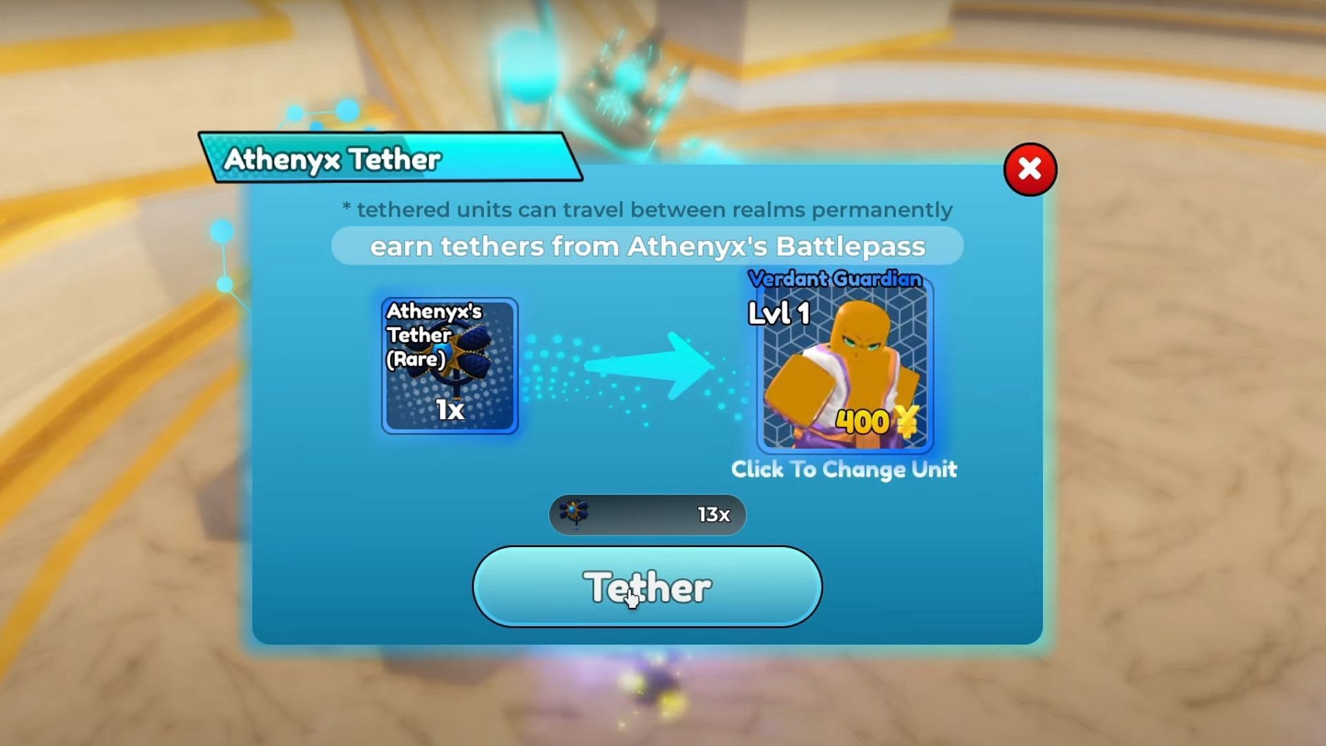 Tether allows you to bring back the Athenyx&#039;s Realm&#039;s unit to the regular game in Anime Defenders (Image via Robo Animations and Gaming/YouTube)