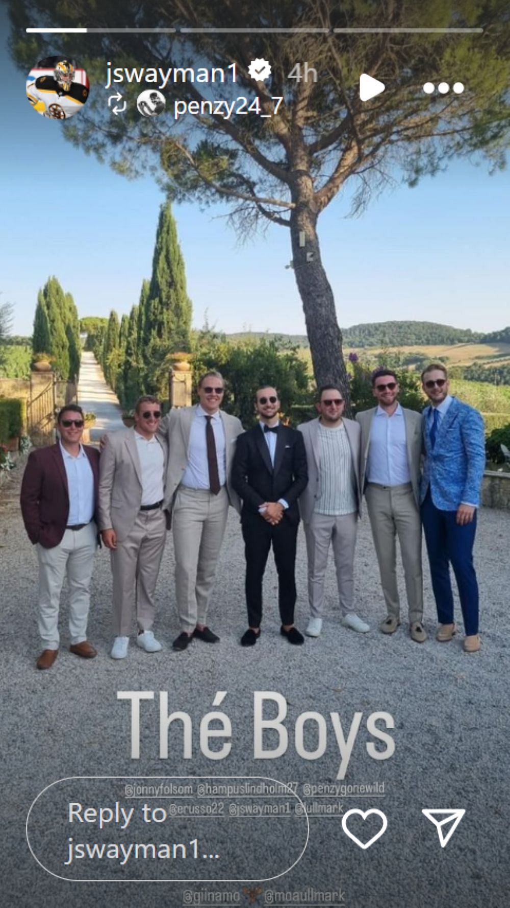 Bruins players posing with the groom and other friends (Jeremy Swayman&#039;s Instagram)