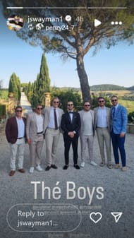 Bruins players posing with the groom and other friends (Jeremy Swayman's Instagram)
