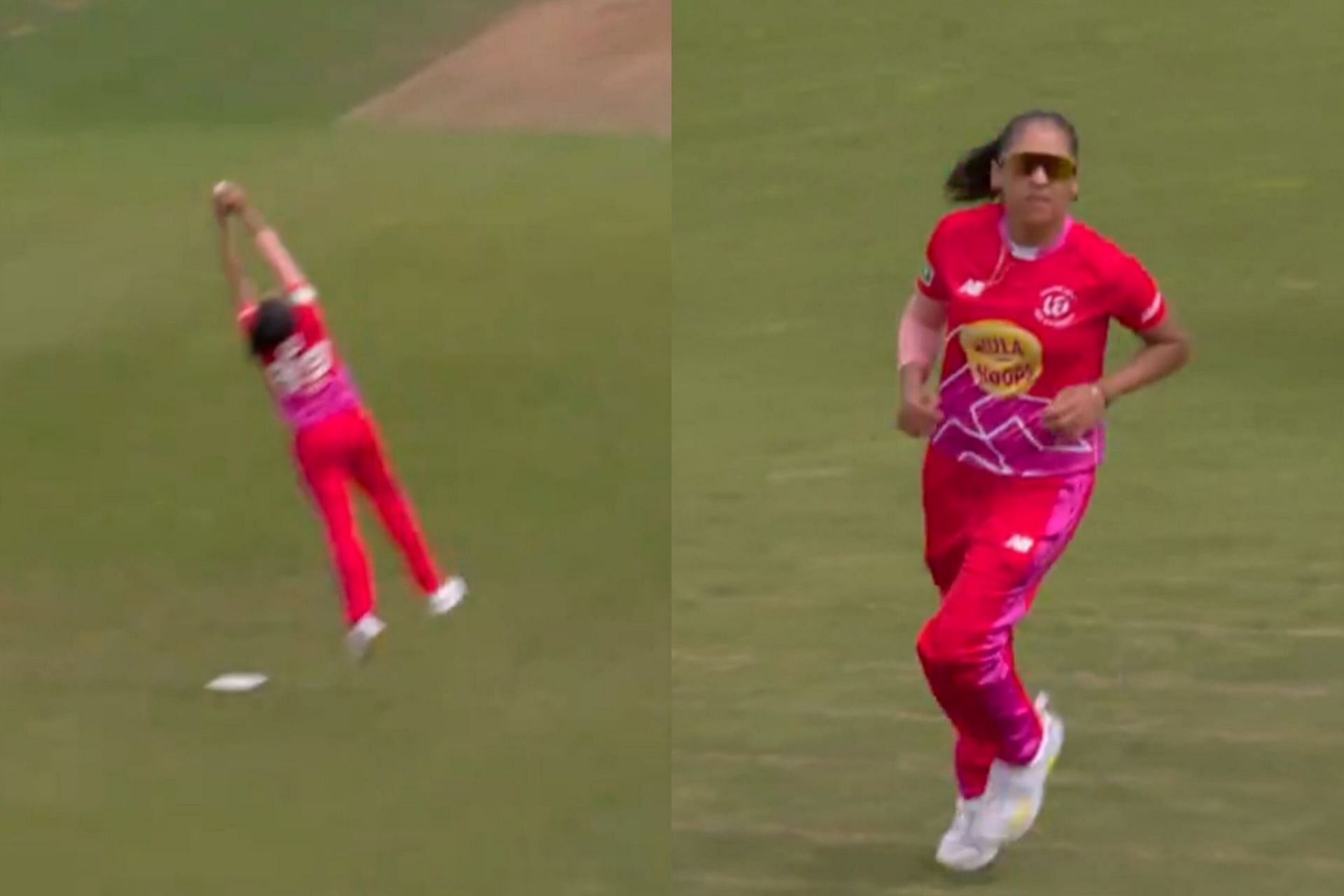 Shabnim Ismail takes a stunning catch to dismiss Lauren Bell (Image via X/@thehundred)