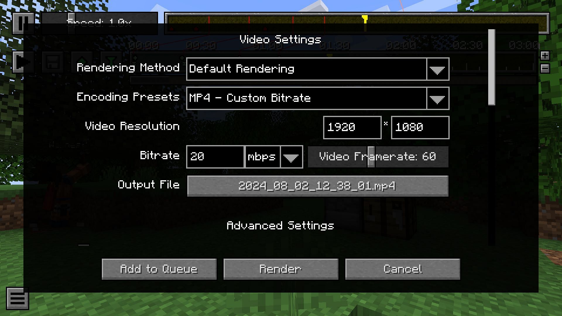 The Replay mod&#039;s render screen (Image via Mojang)