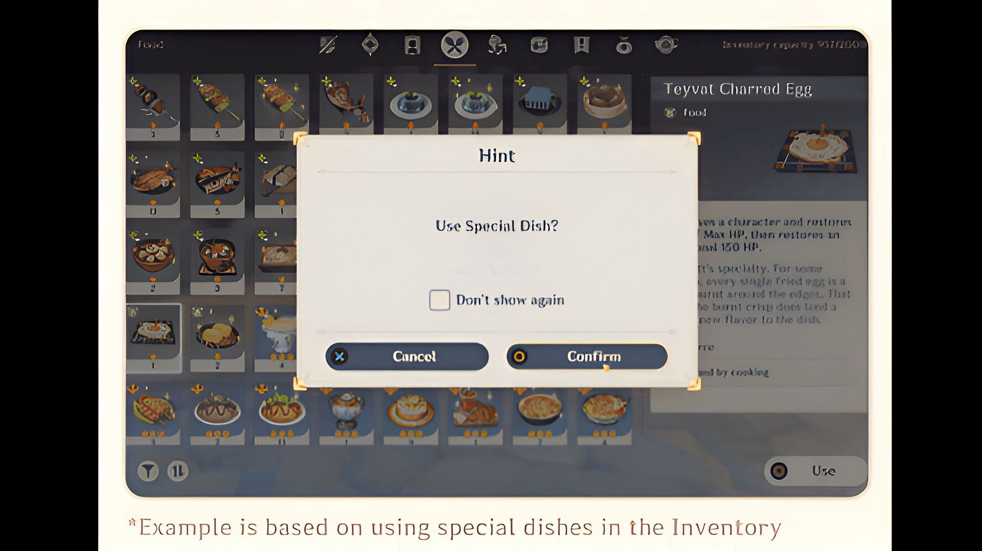 Players will be prompted before consuming a special dish (Image via HoYoverse)