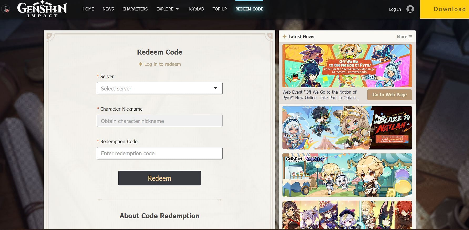 Redeem code on the website (Image via HoYoverse)