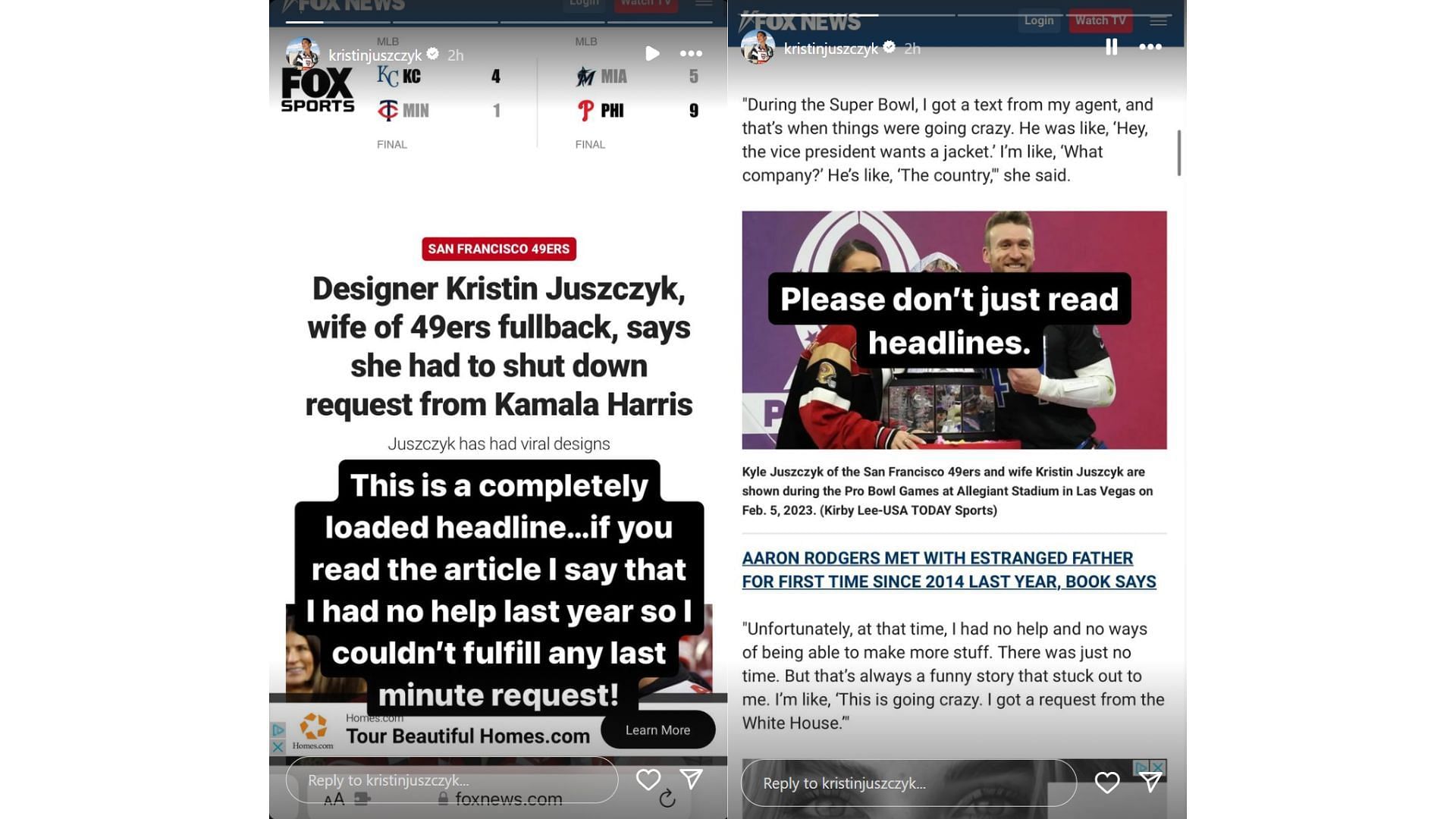 Kristin Juszczyk corrects headline claiming she rejected Kamala Harris [Image credit: @kristinjuszczyk]