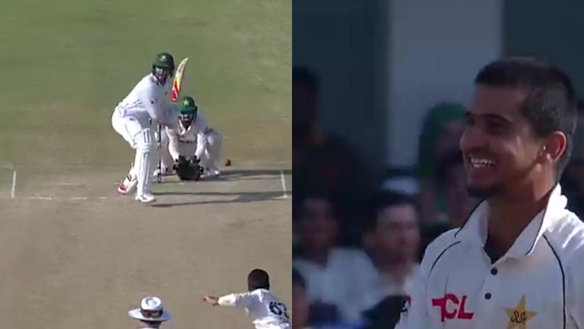 Saim Ayub picks up his first Test wicket in the form of Shakib Al Hasan (Image credits: @therealpcb on Instagram)