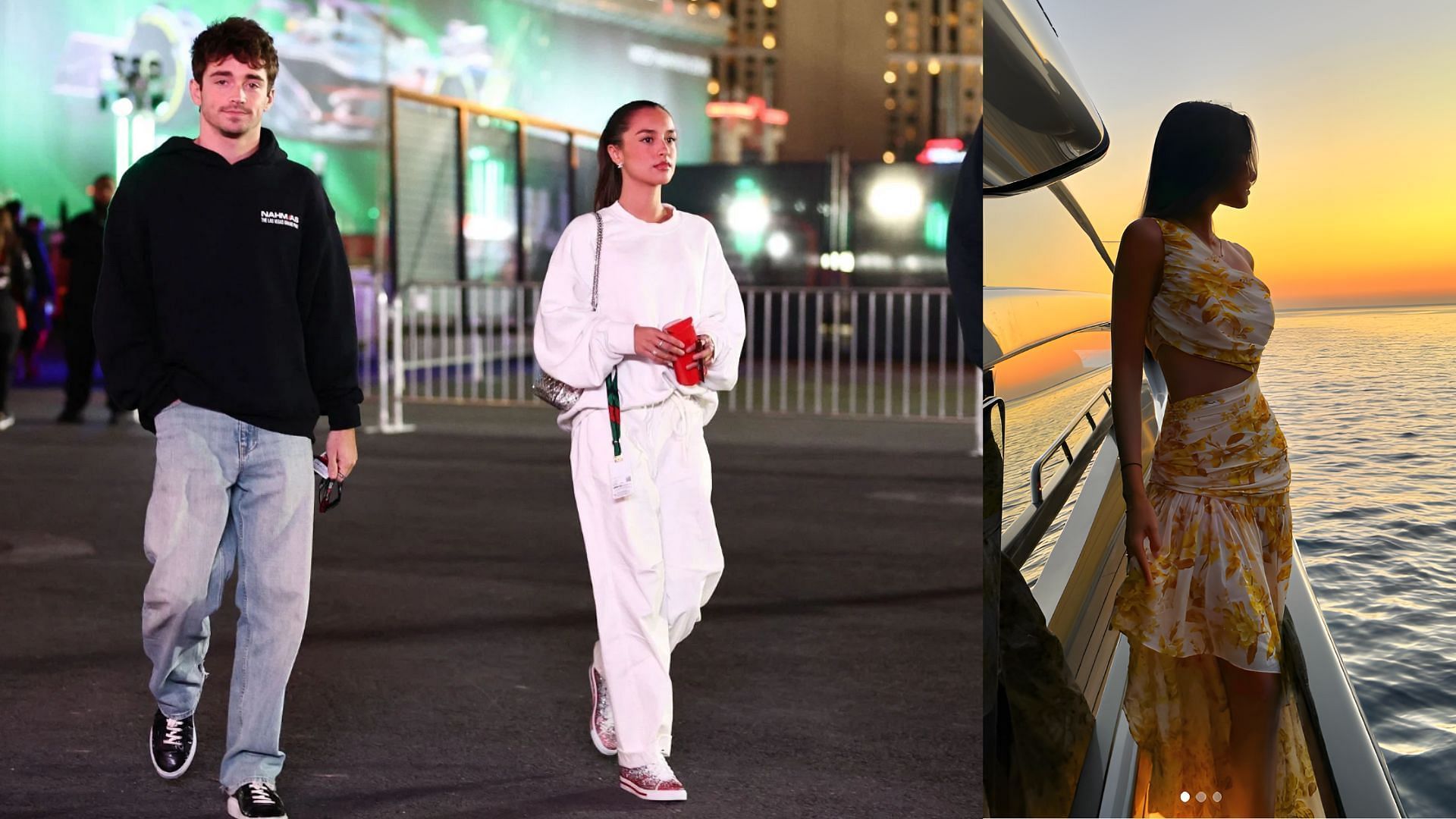 Left: Charles Leclerc and Alexandra Saint-Mleux arriving at the paddock ahead of the 2023 Las Vegas GP (Source: Getty). Right: Alexandra Saint-Mleux in Zimmermann