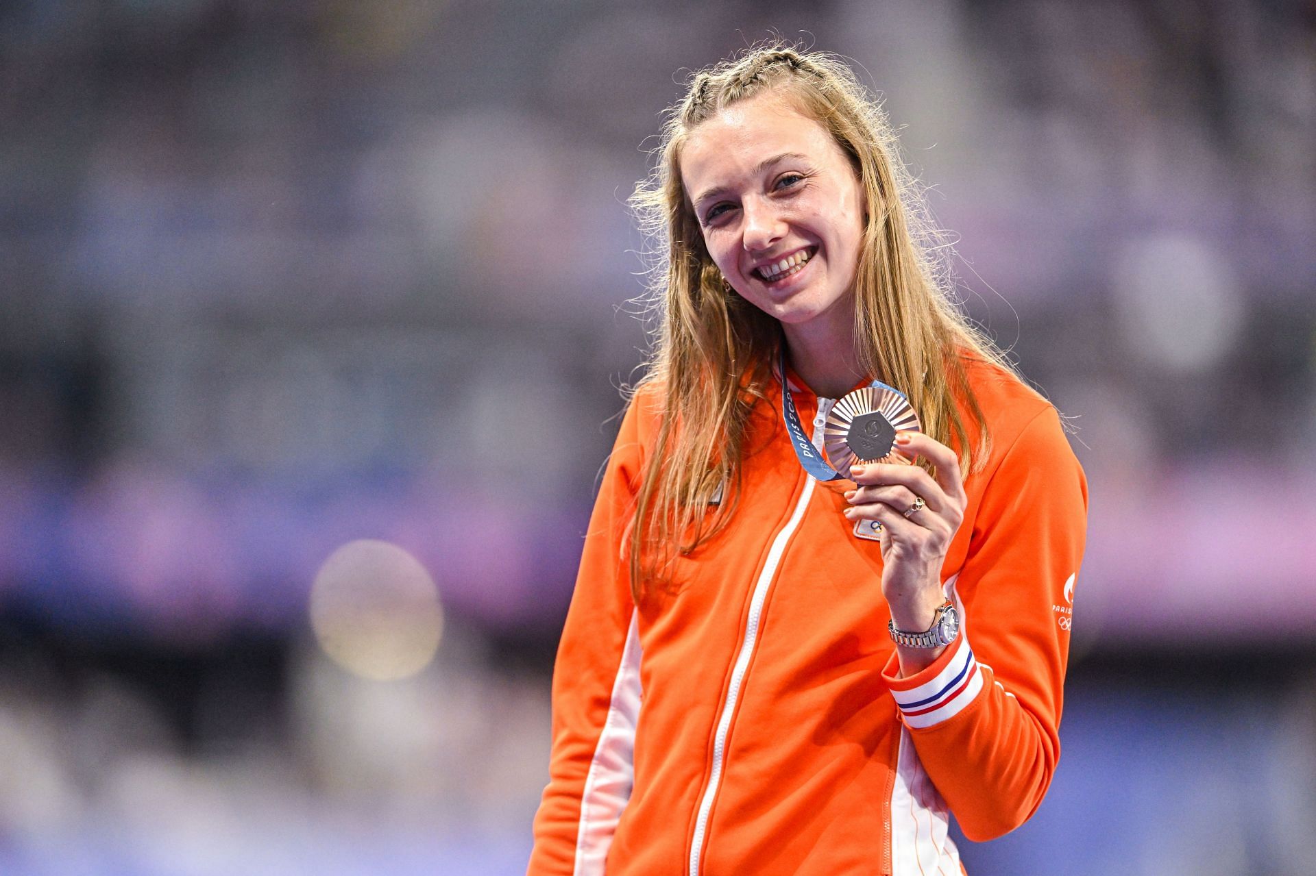 Femke Bol during the medal ceremony of Women&#039;s 400m Hurdles Final during Olympic Games 2024 in Paris, France. (Photo by Getty Images)