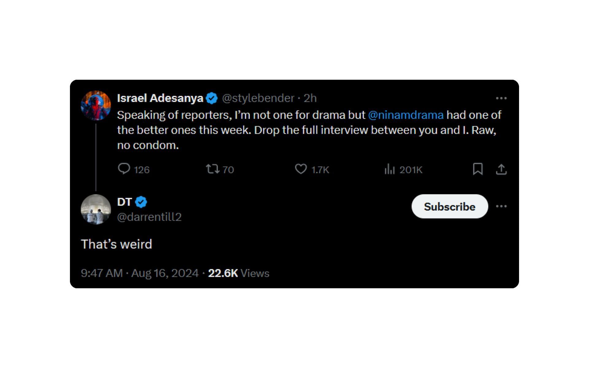 Darren Till&#039;s comment on Israel Adesanya&#039;s X post