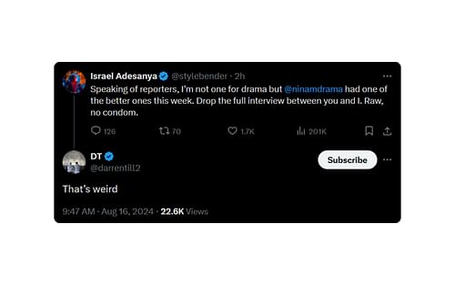 Darren Till's comment on Israel Adesanya's X post