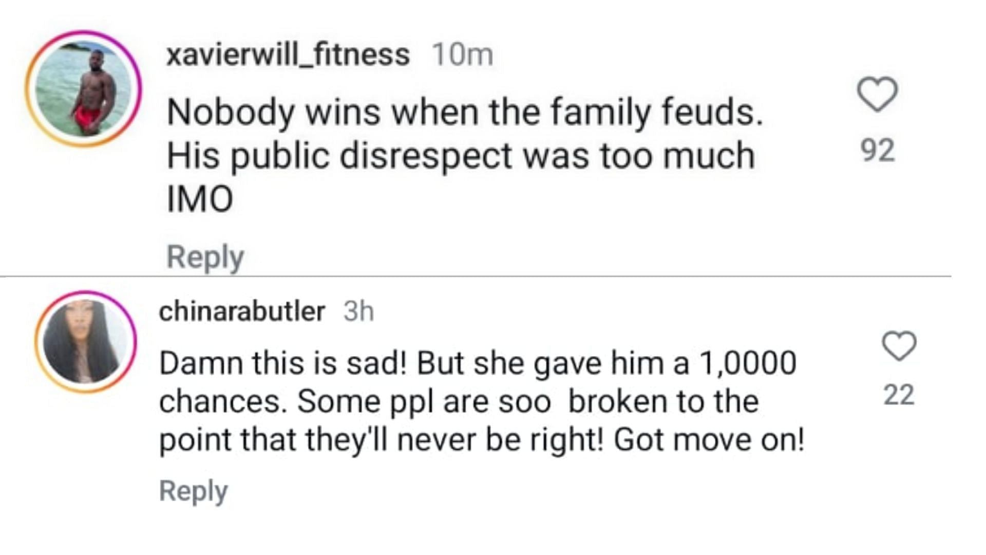 Fans react to the divorce news (Image via Instagram/@xavierwill_fitness, @chinarabutler)