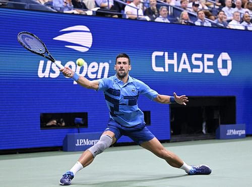 Novak Djokovic in action during his second-round encounter at the 2024 US Open.