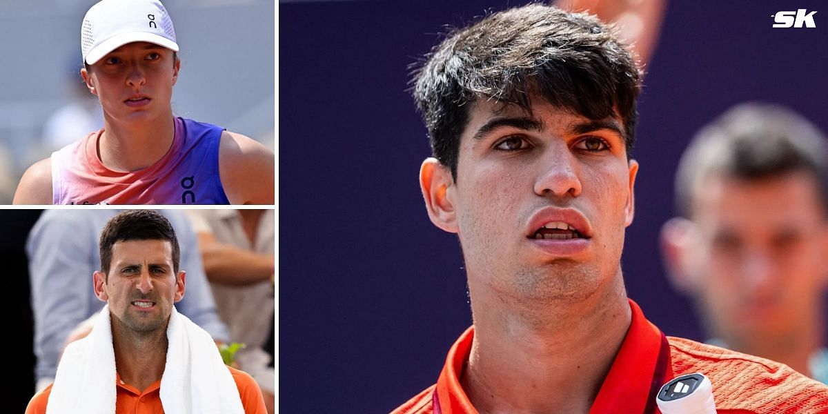 Iga Swiatek (top left), Novak Djokovic (bottom left), and Carlos Alcaraz. (Images: Getty)