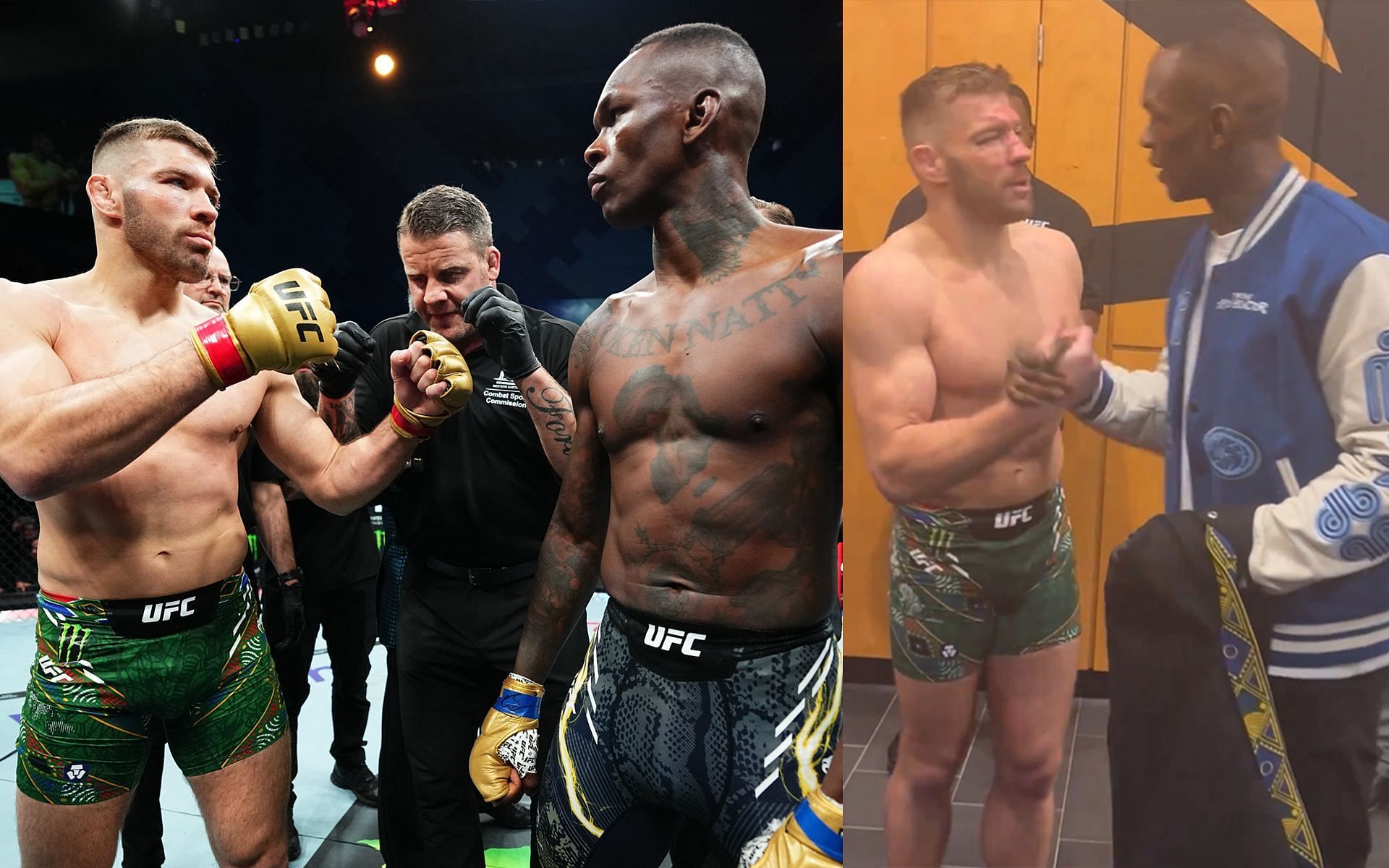 Dricus du Plessis (green shorts) and Israel Adesanya before (left) and after (right) the UFC 305 grudge match. [Images courtesy: @ufc and @SubmissionRadio on X]