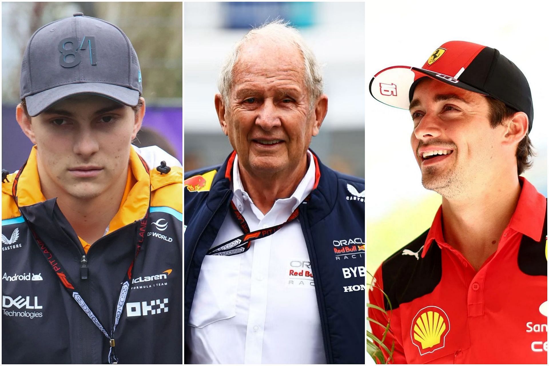 Oscar Piastri (L), Helmut Marko (C) and Charles Leclerc (R) (Images via Getty)