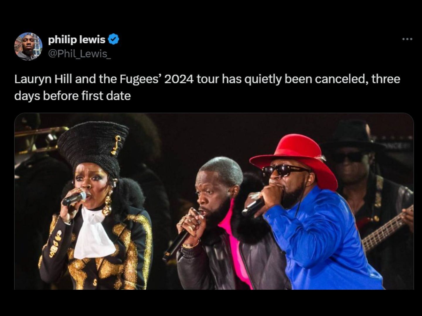 Lauryn Hill and Fugees cancel their upcoming Miseducation Anniversary Tour dates, leaving fans upset. (Image via X/@Phil_Lewis_)