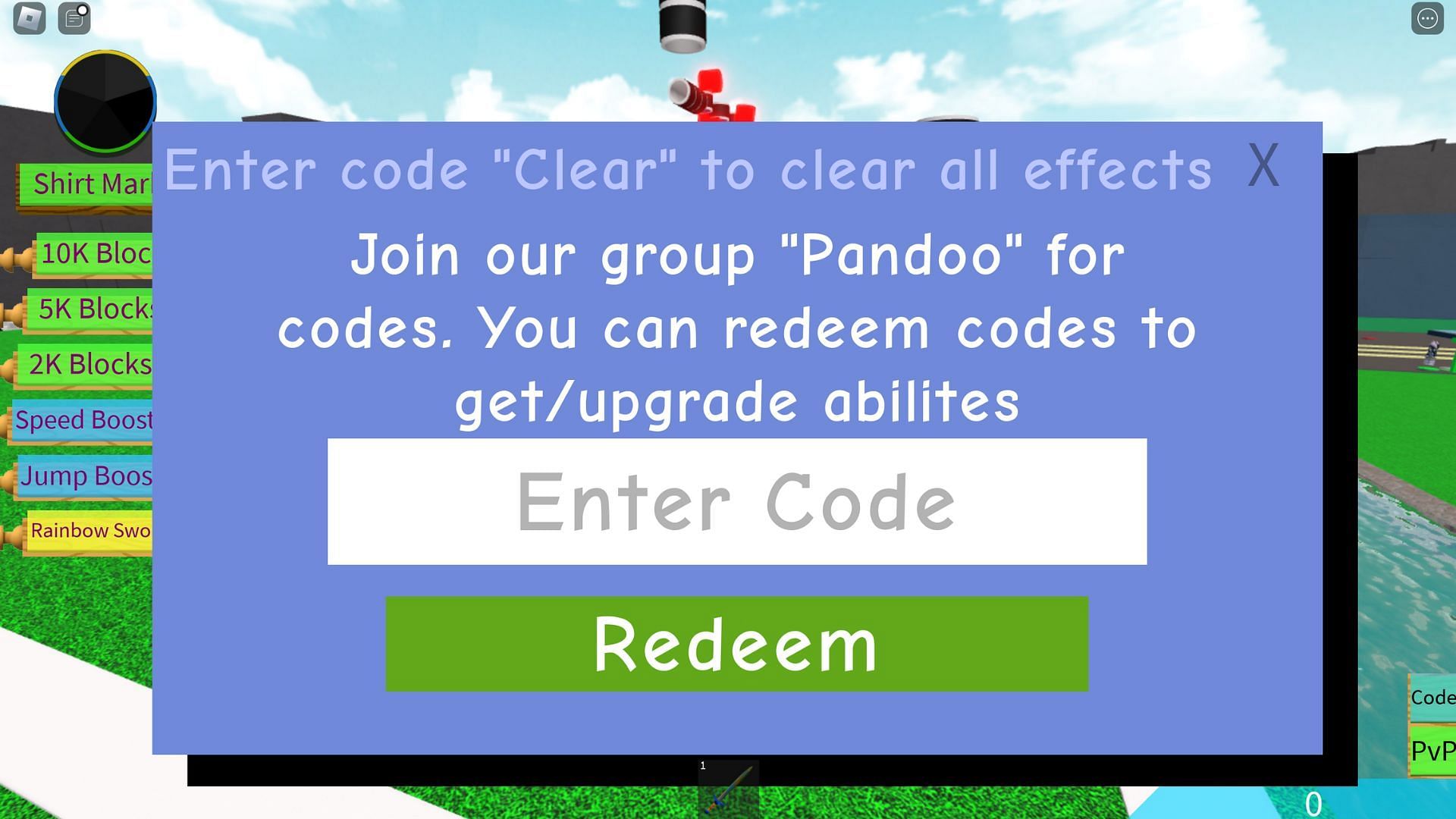 Redeem the active code (Image via Roblox)