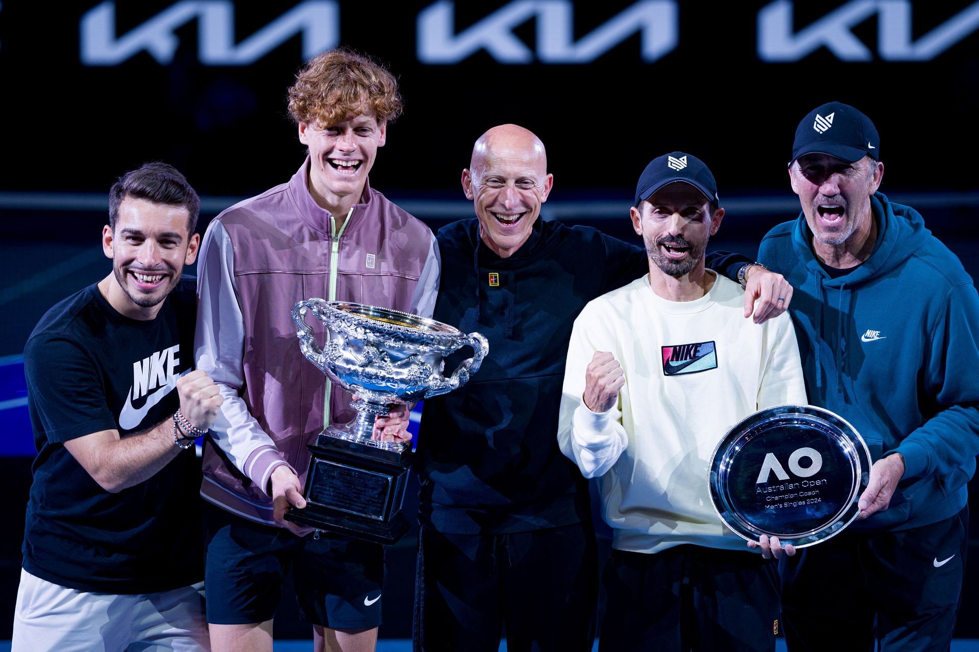 Sinner pictured with Naldi (extreme left), Ferrara, and his coaches Vagnozzi and Cahill (extreme right) at the 2024 Australian Open Source: Getty