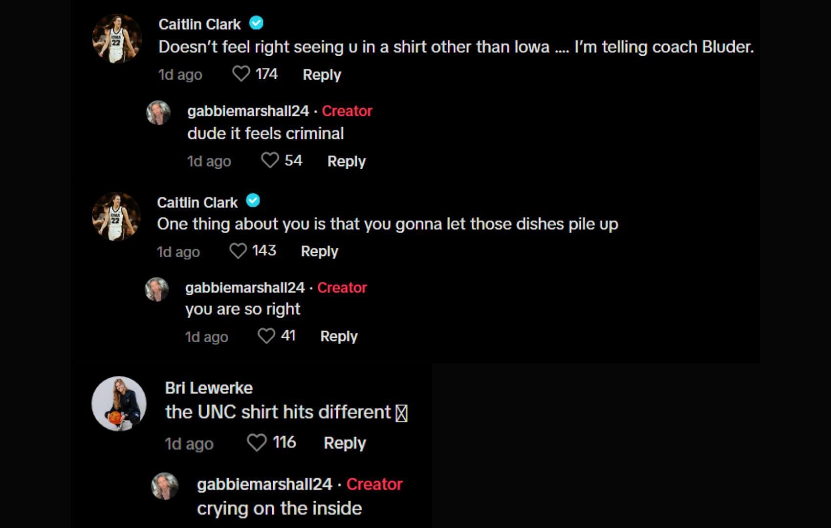 Caitlin Clark and Bri Lewerke's comment on Gabbie Marshall's TikTok