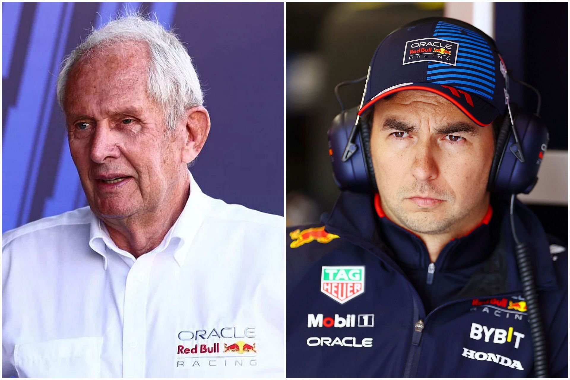 Helmut Marko (L) and Sergio Perez (R) (Image via Getty)