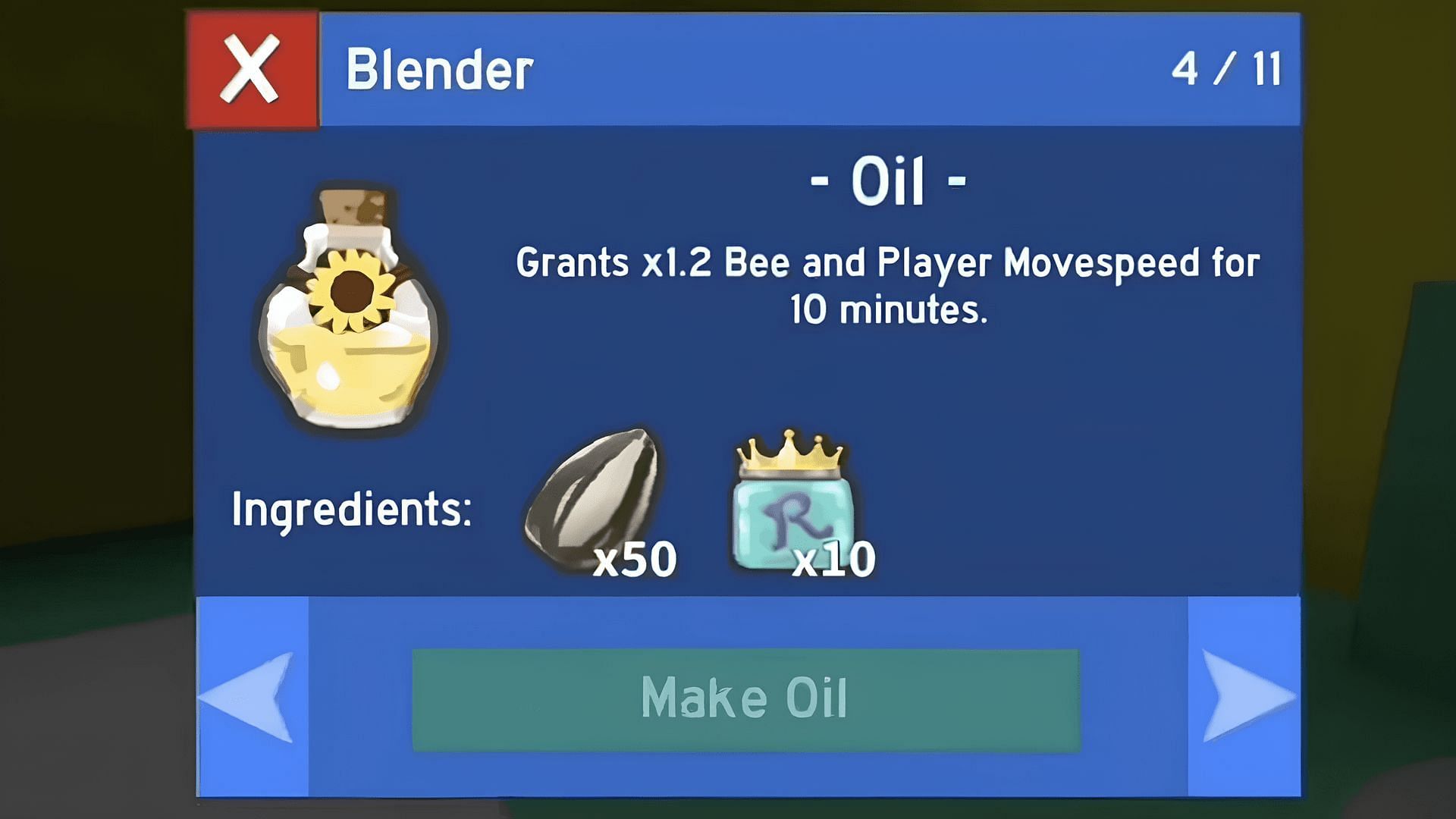 Gameplay screenshot of the Oil being crafted in the Blender (Image via Roblox)