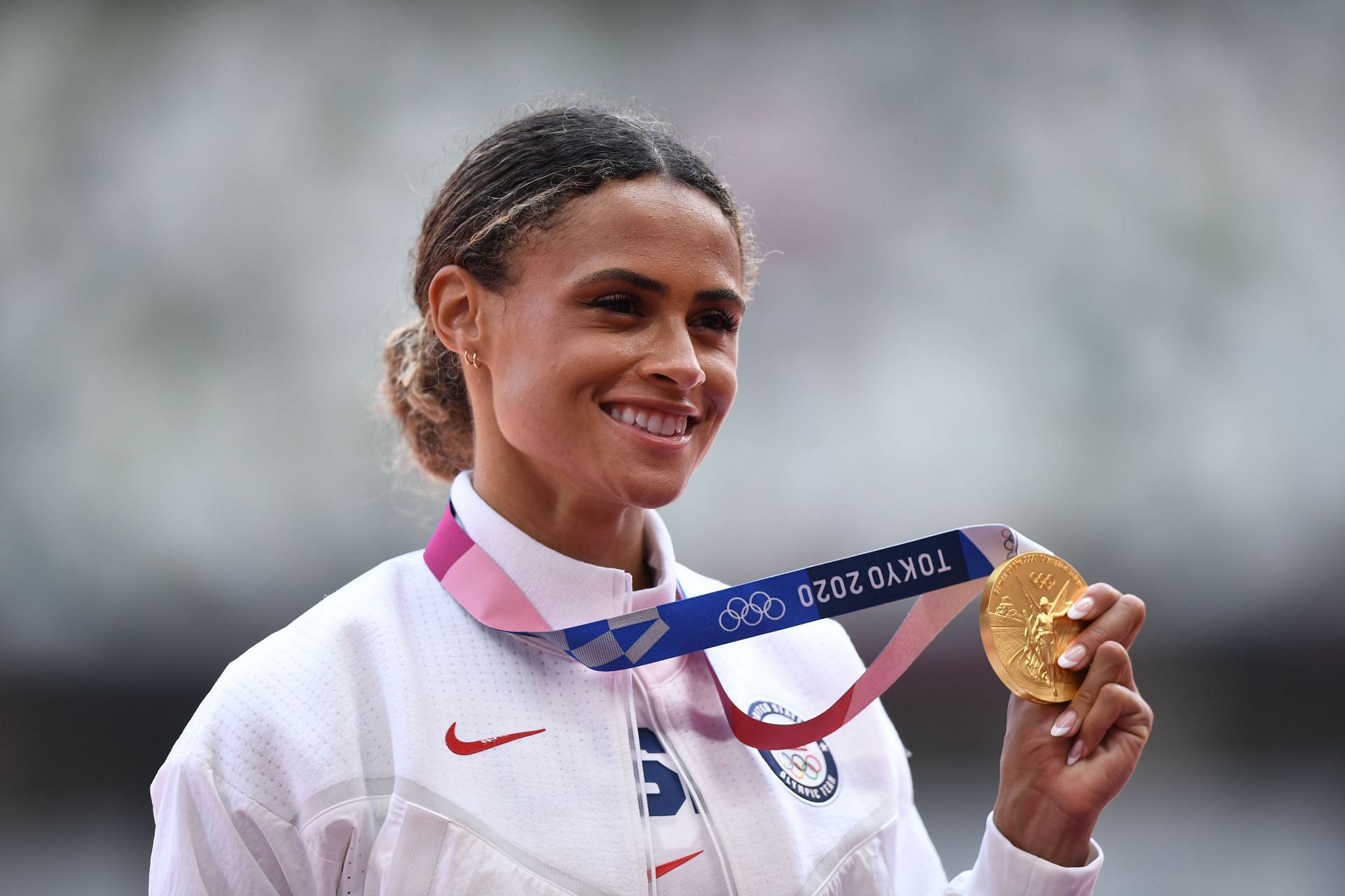 Sydney Mclaughlin shows her Gold Medal won in the Women&#039;s 400m Hurdles at the Tokyo Olympic Games 2020 held in 2021. (Photo by Kaz Photography/Getty Images)