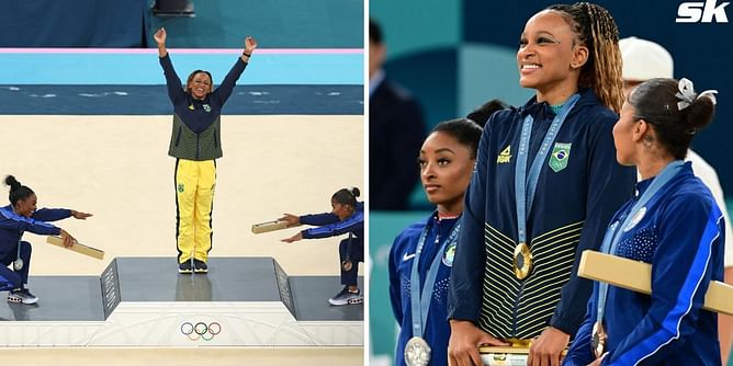 WATCH: Simone Biles and Jordan Chiles bow down to Rebeca Andrade as Brazilian gets to the podium to receive floor exercise gold at Paris Olympics