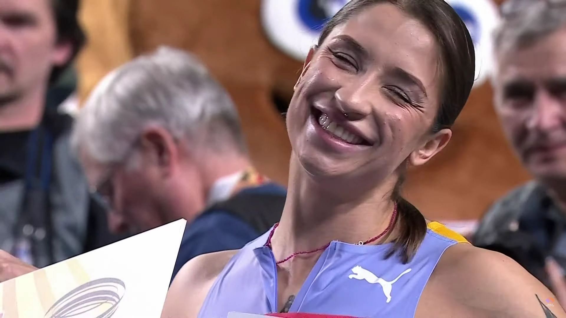 Swoboda finished first, with a time of 7.01 seconds, in the 60-meter race at the World Athletics Indoor Tour 2024 (Image via World Athletics/YouTube)