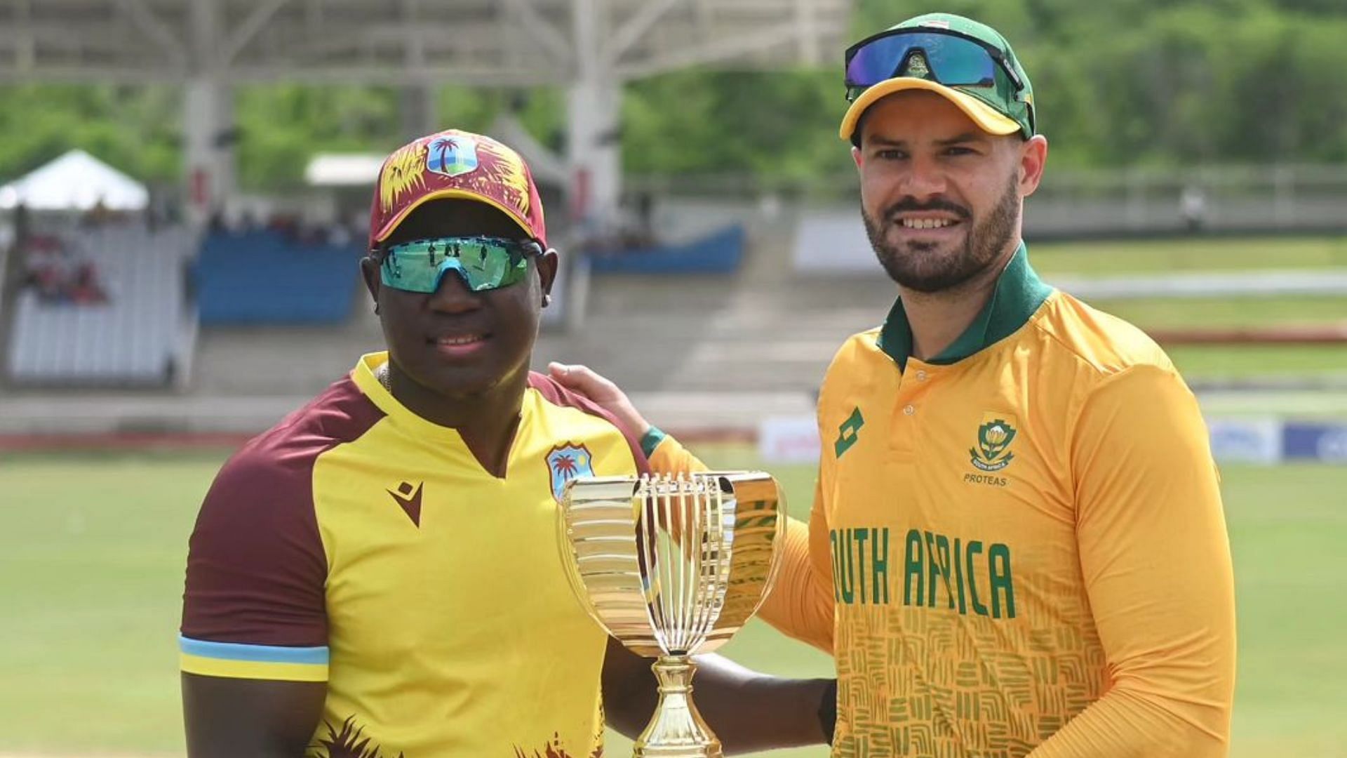 Rovman Powell and Aiden Markram pose with the series trophy (Image Credits: West Indies Cricket IG)