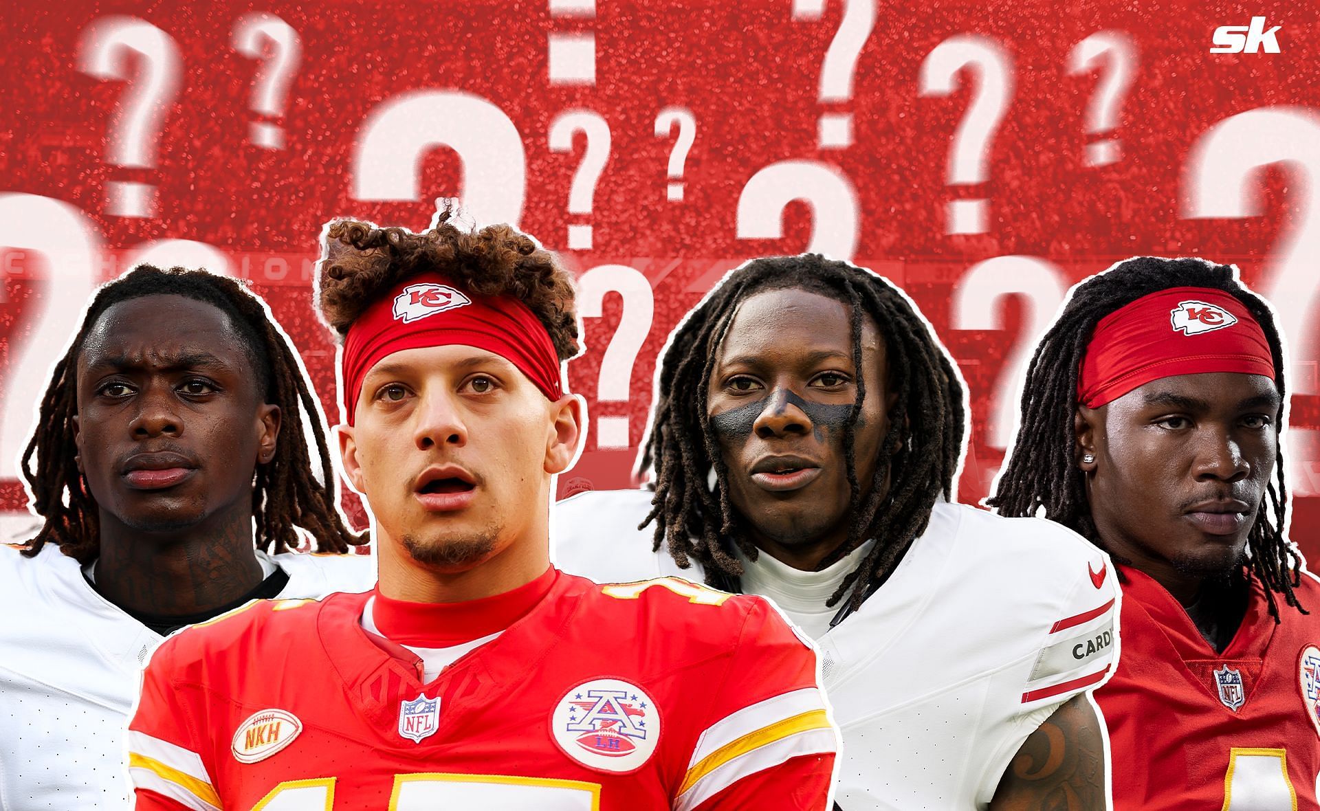 From left to right: Xavier Worthy, Patrick Mahomes, Marquise Brown, and Rashee Rice