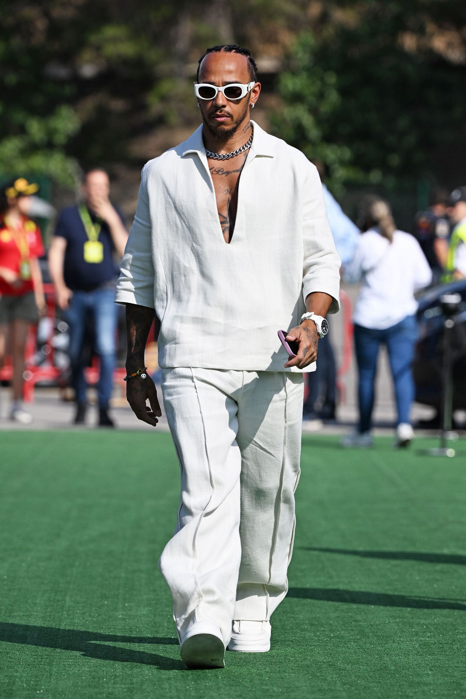 Lewis Hamilton makes a dashing appearance at the 2024 F1 Spanish GP (Photo by Mark Sutton - Formula 1/Formula 1 via Getty Images)