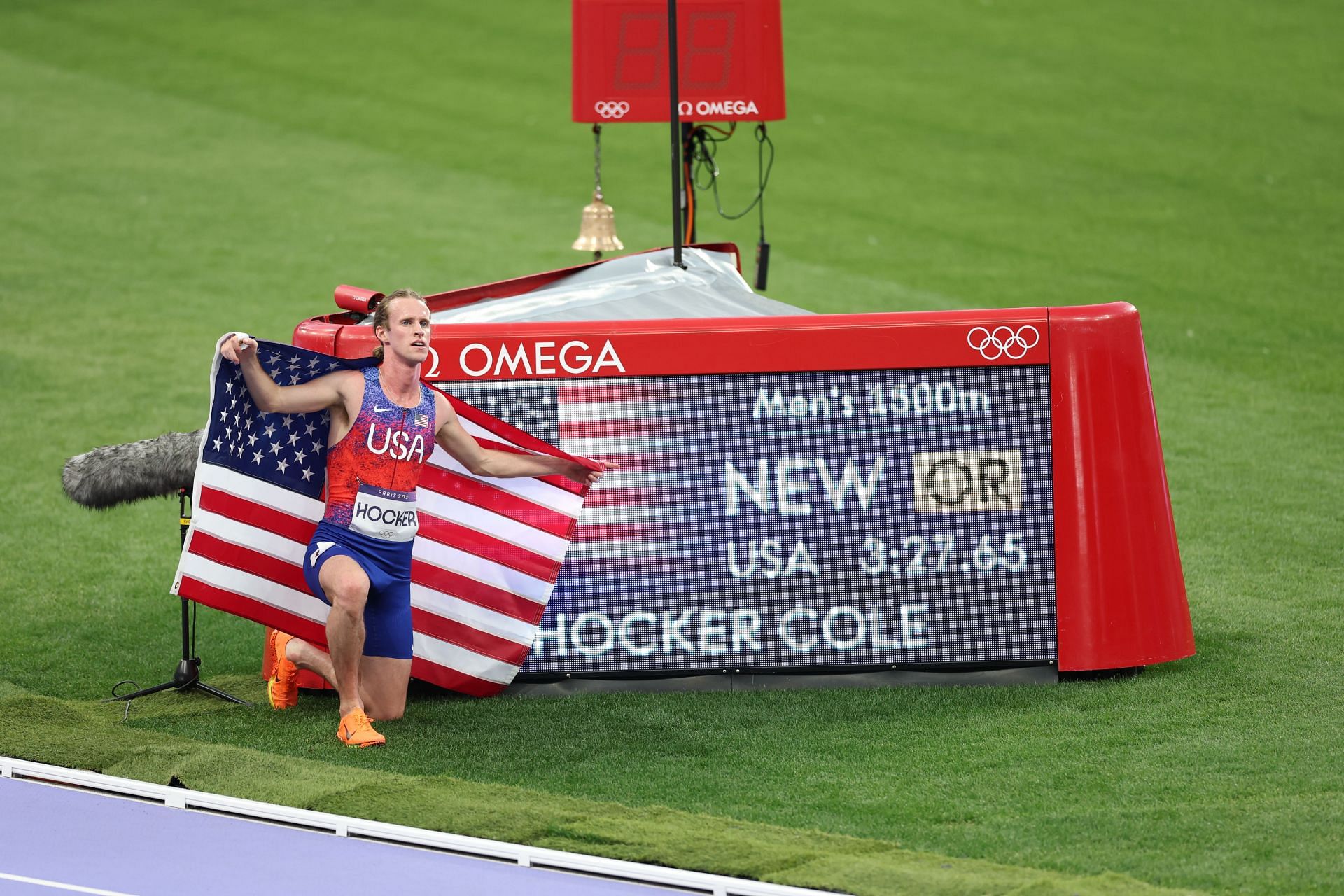 Cole Hocker after establishing a new Olympic record in the men&#039;s 1500m at the Paris Olympics [Image Source: Getty]