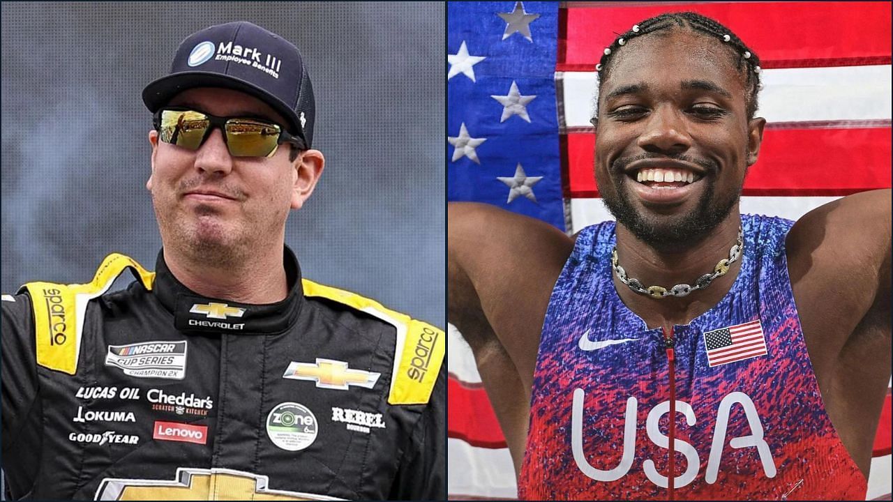 Kyle Busch congratulates Noah Lyles after the latter won the 100m Sprint on Sunday (Source: Getty)