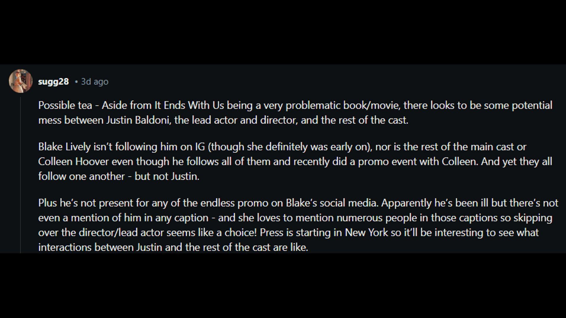 A netizen spills on the alleged &#039;It Ends With Us&#039; drama surrounding Justin Baldoni. (Image via Reddit)