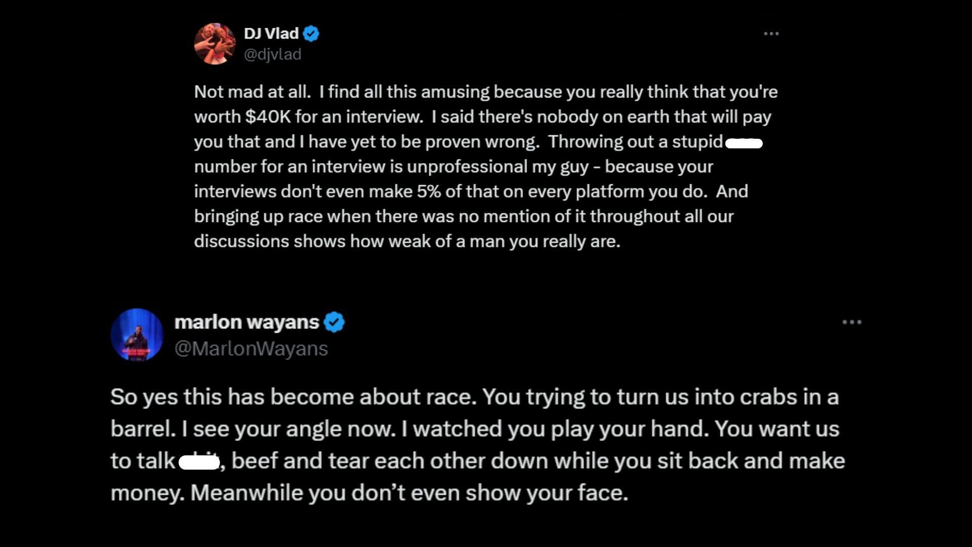 Tweets posted by Vlad and Wayans (Images via X/djvlad)