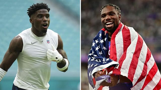 Noah Lyles (R) snaps back at Tyreek Hill