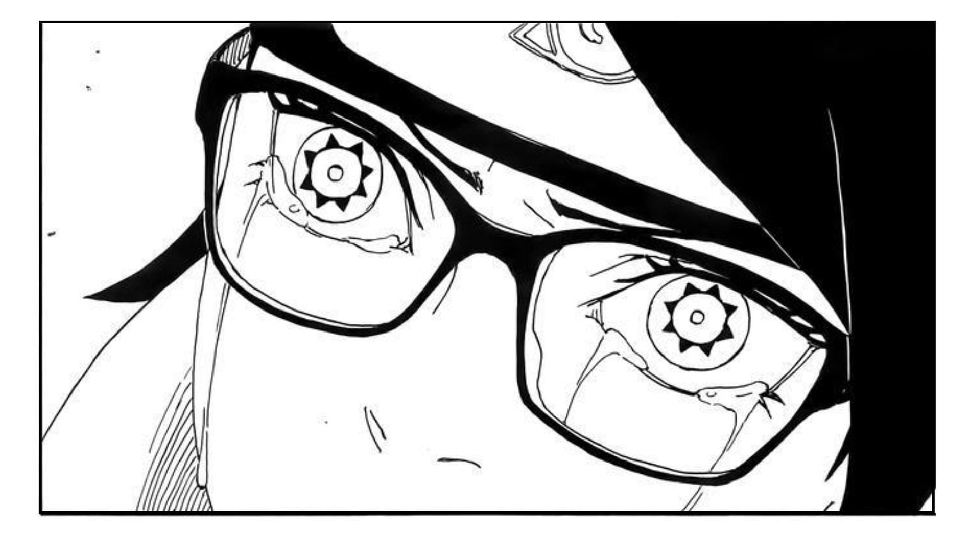 Sarada Uchiha&#039;s Mangekyo Sharingan eyes in the manga (Image via Shueisha)