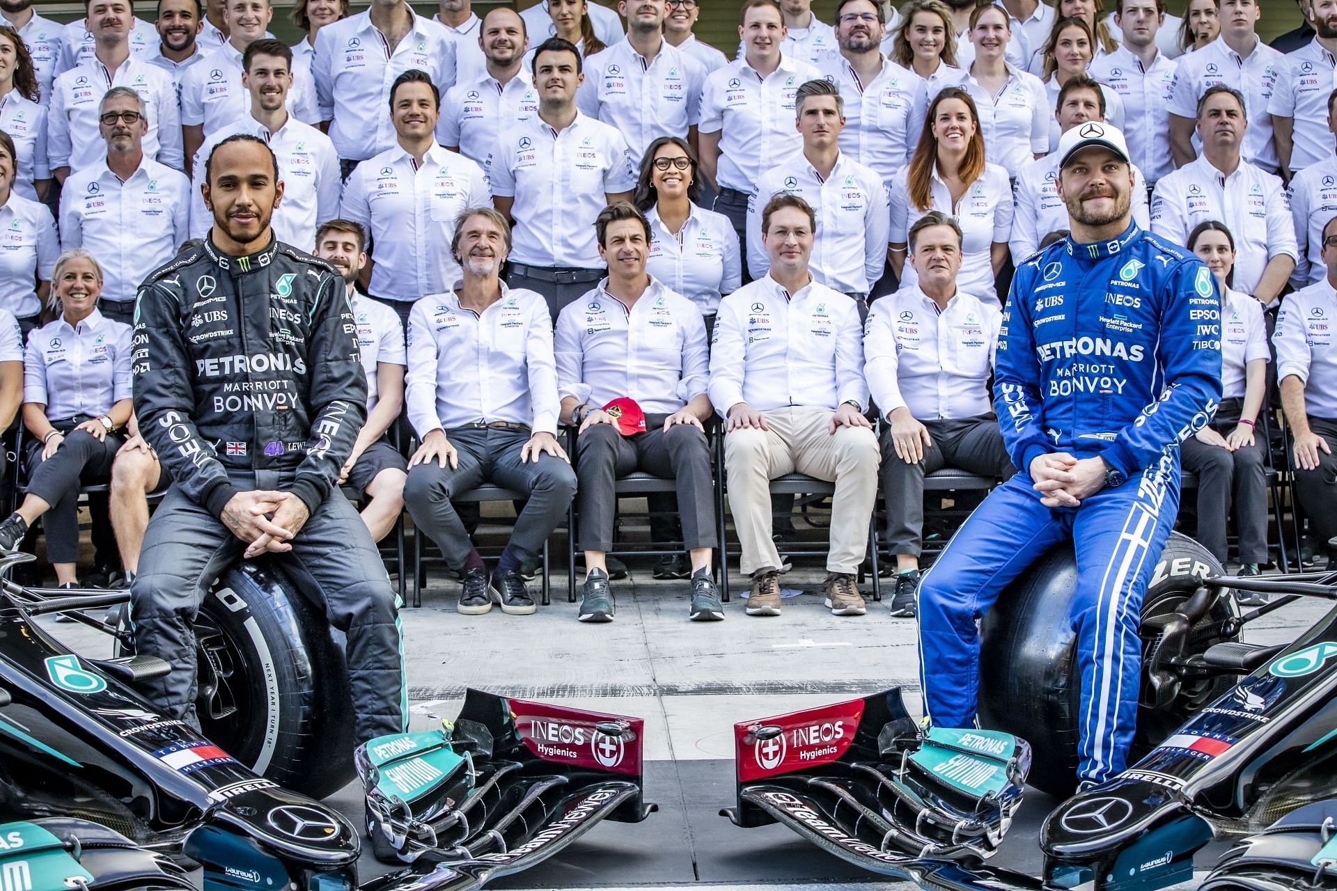 Lewis Hamilton, and Valtteri Bottas at Yas Marina Circuit on December 12, 2021 in Abu Dhabi, United Arab Emirates. (Photo by Cristiano Barni ATPImages/Getty Images)