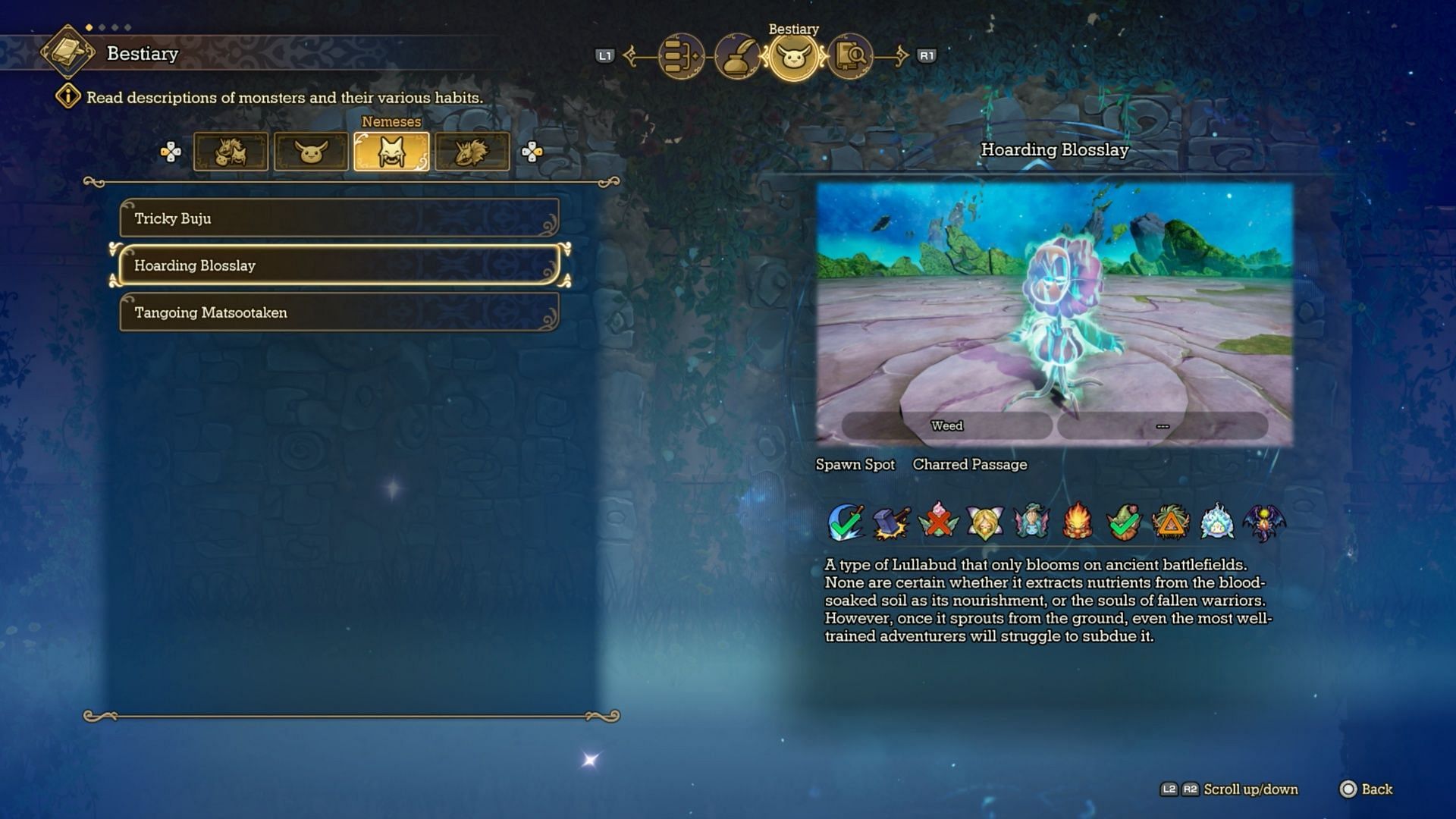 The elemental affinity information on Hoarding Blossjay (Image via Square Enix)