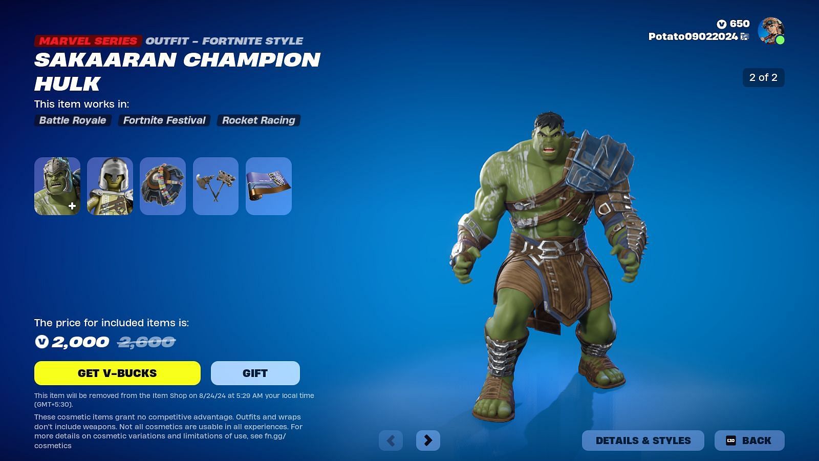 The Sakaaran Champion Hulk skin will remain listed until August 24, 2024 (Image via Epic Games) (Image via Epic Games)