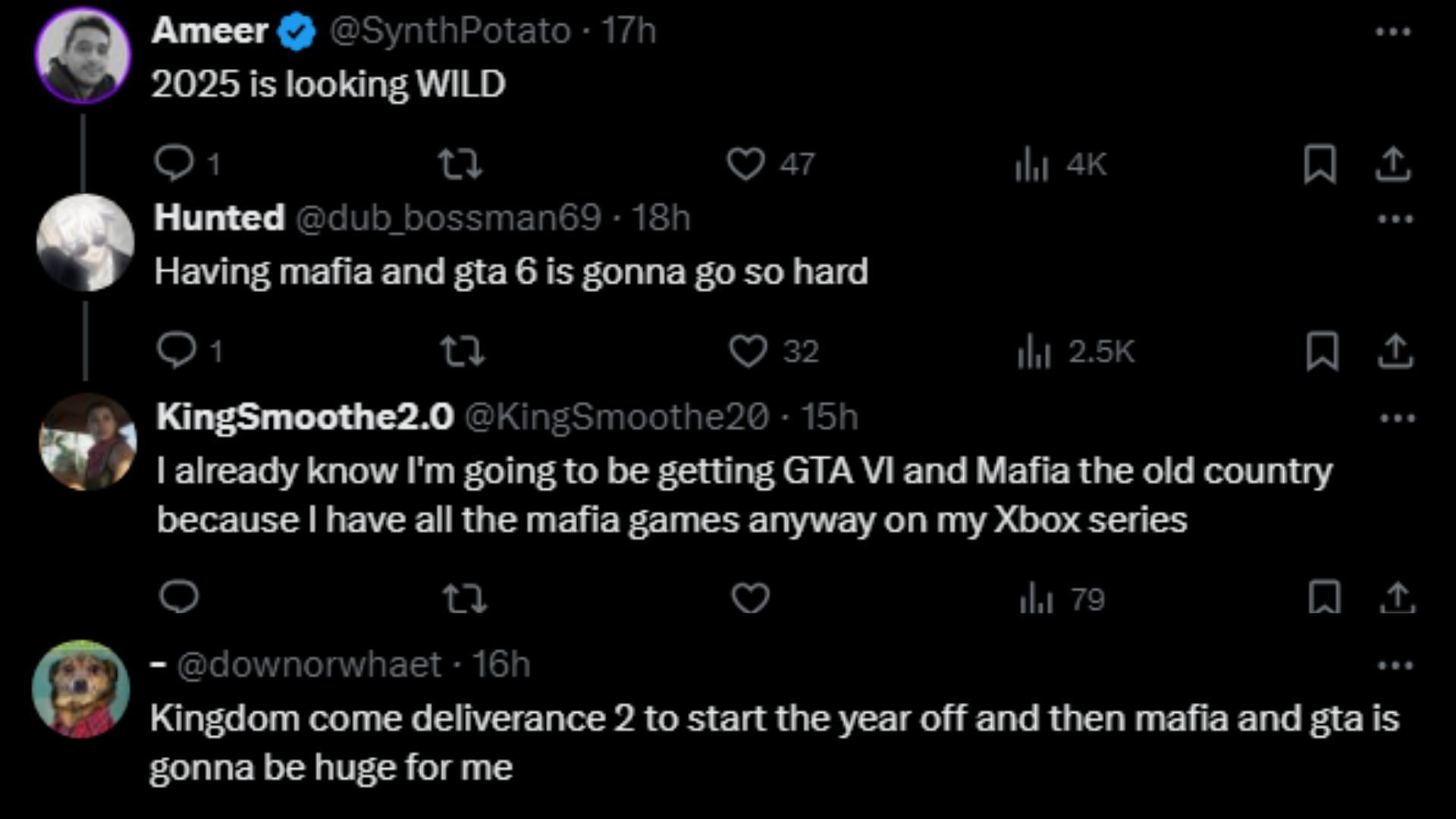 The gaming community is excited for new Mafia and Grand Theft Auto titles (Image via X)