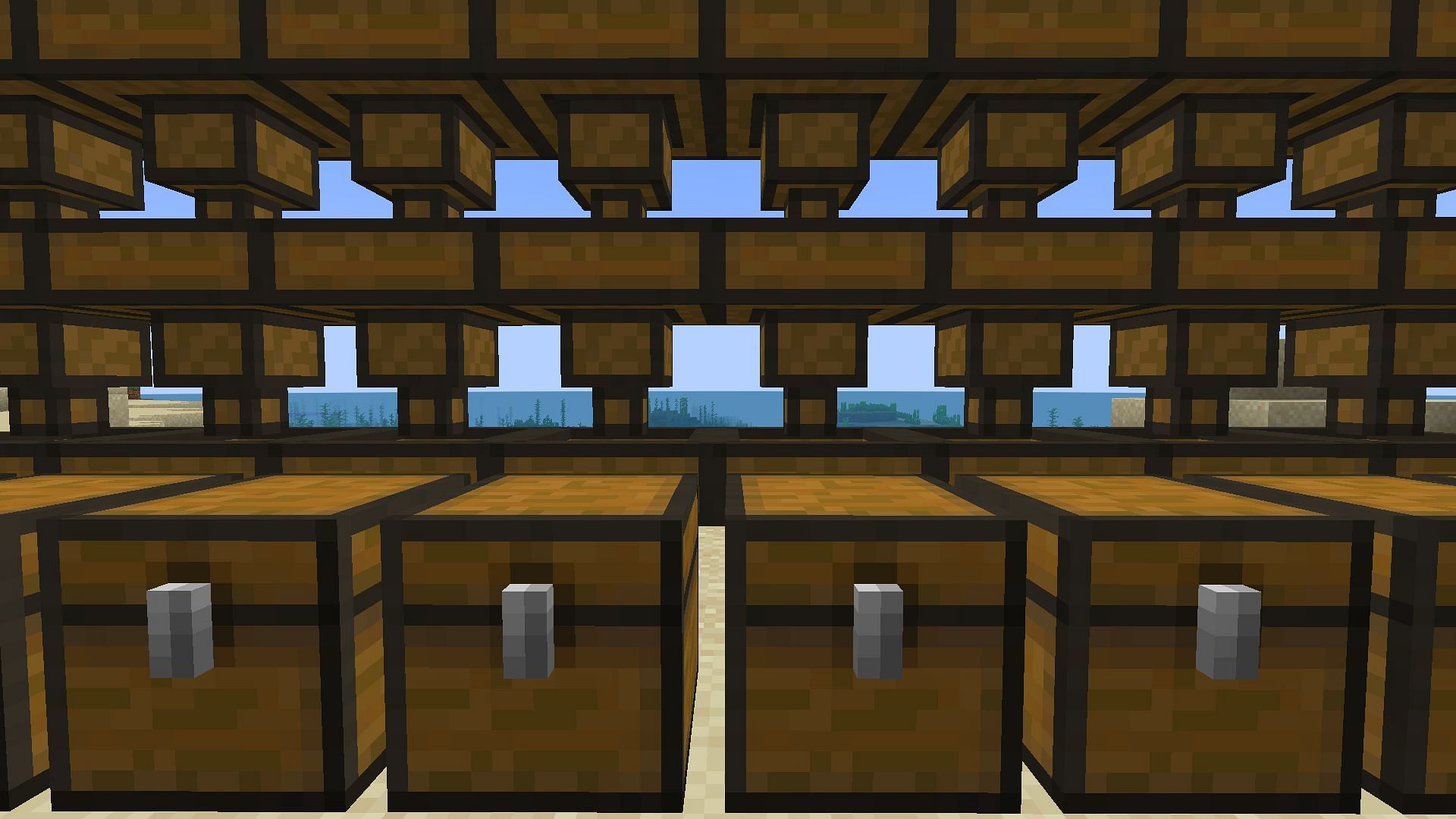 A series of chests connected with wooden hoppers (Image via Mojang)