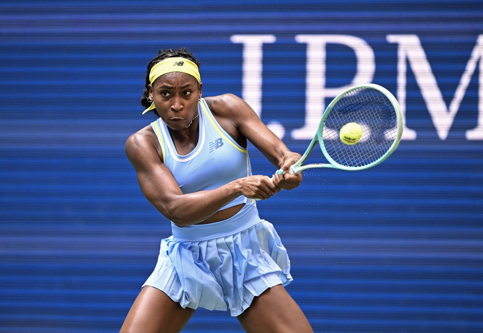 Coco Gauff hits a backhand at US Open 2024