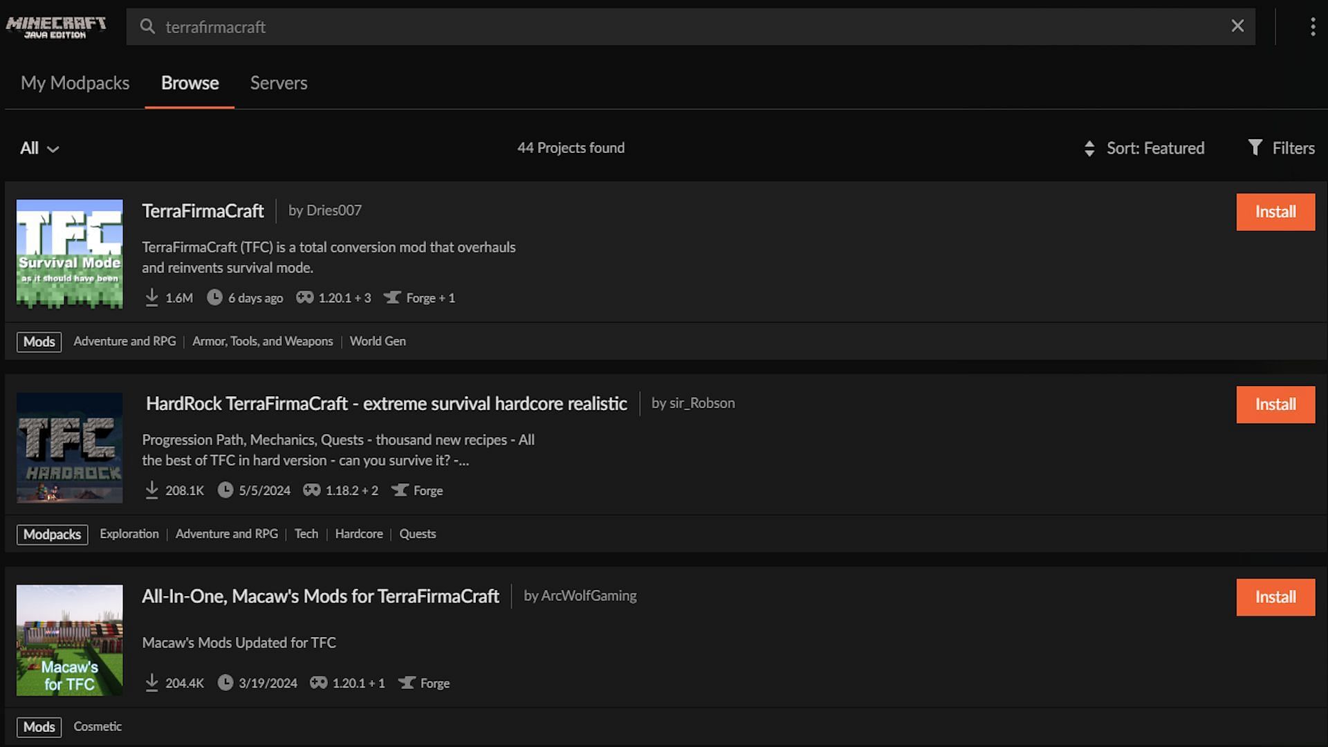 The search results for &quot;TerraFirmaCraft&quot; (Image via CurseForge)