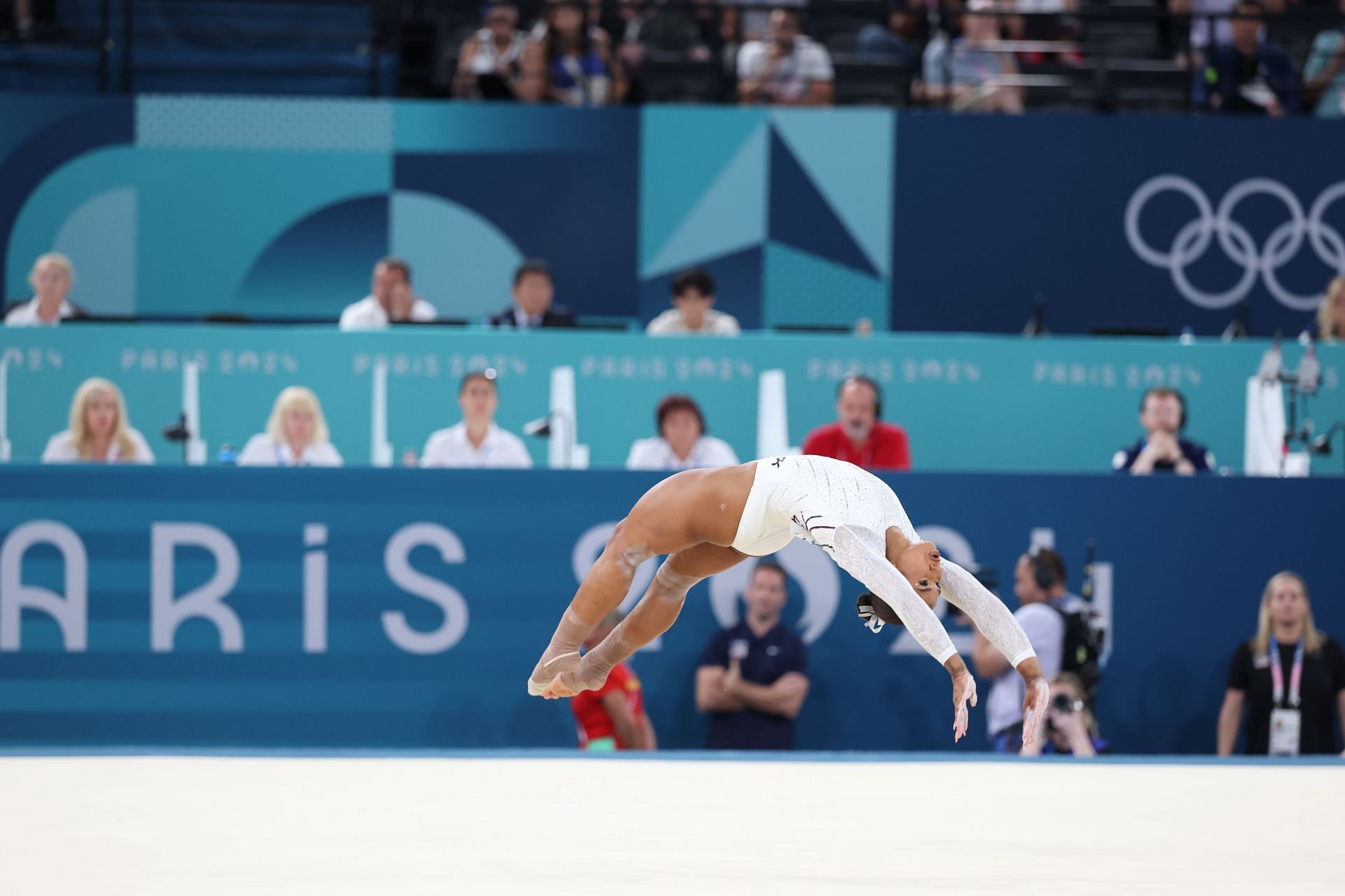 Jordan Chiles in action during the Floor Exercise event at the Paris Olympics 2024 [Image Source: Getty]