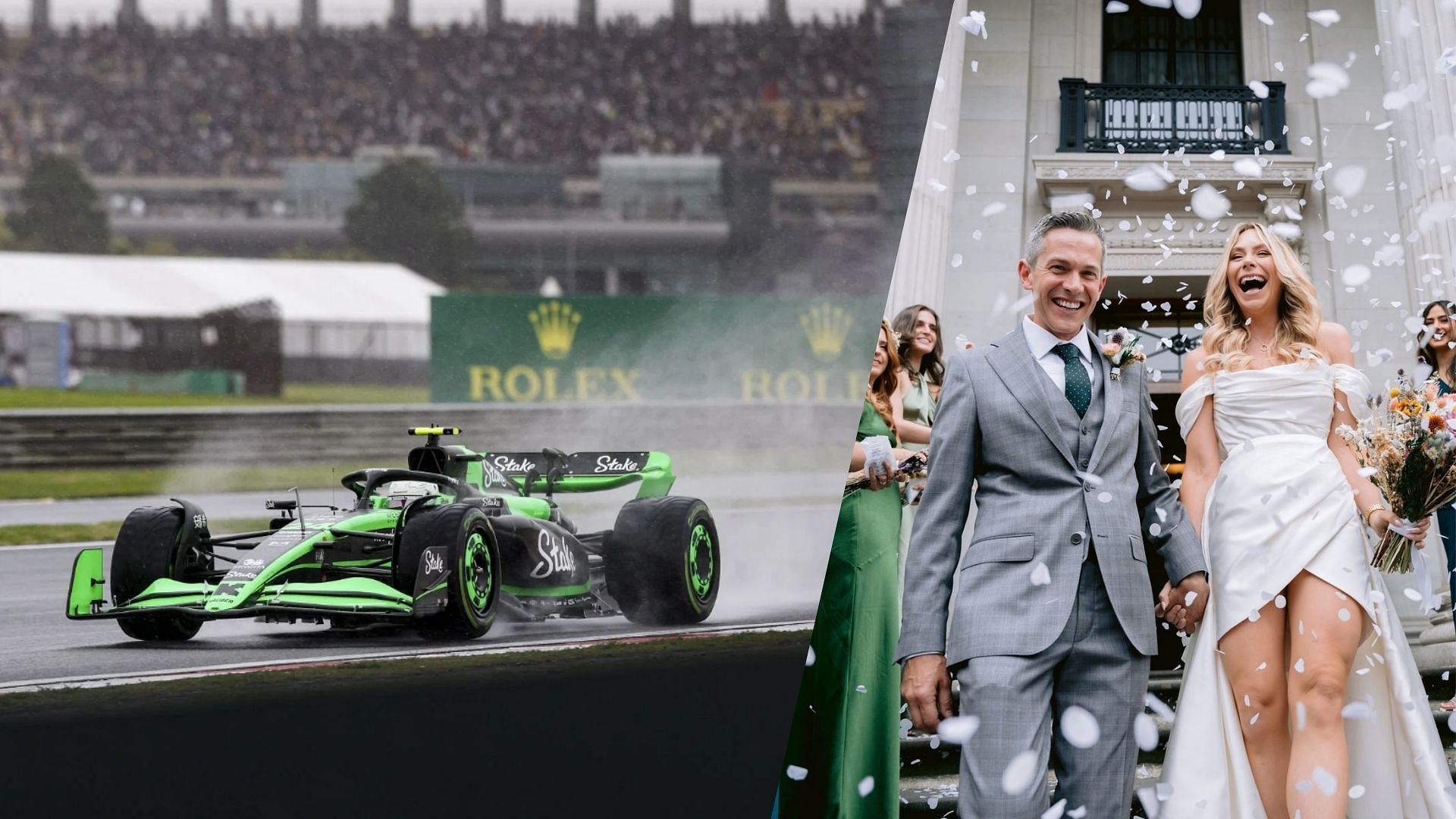 Left: Zhou Guanyu during the Sprint Qualifying session at the Chinese Grand Prix (Source: Getty), Right: Ruth Buscombe and Nathan Divey on their wedding day (Source: @RuthBuscombe on X)