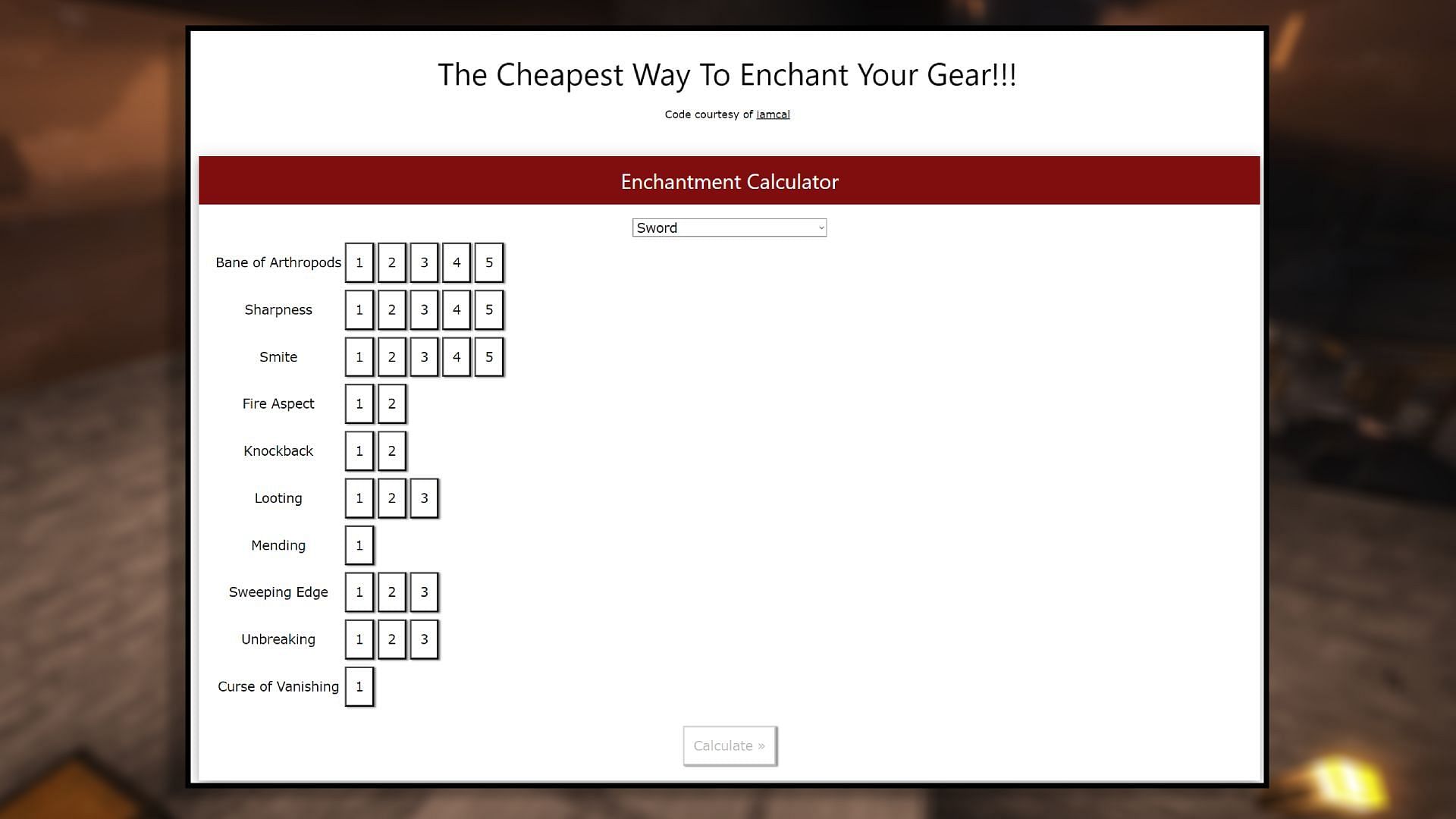 The enchantments available for selection within the calculator (Image via ABFielder)