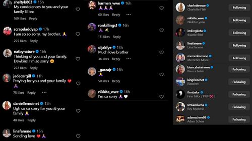 Screenshot of stars' reactions to Angelo Dawkins' Instagram post