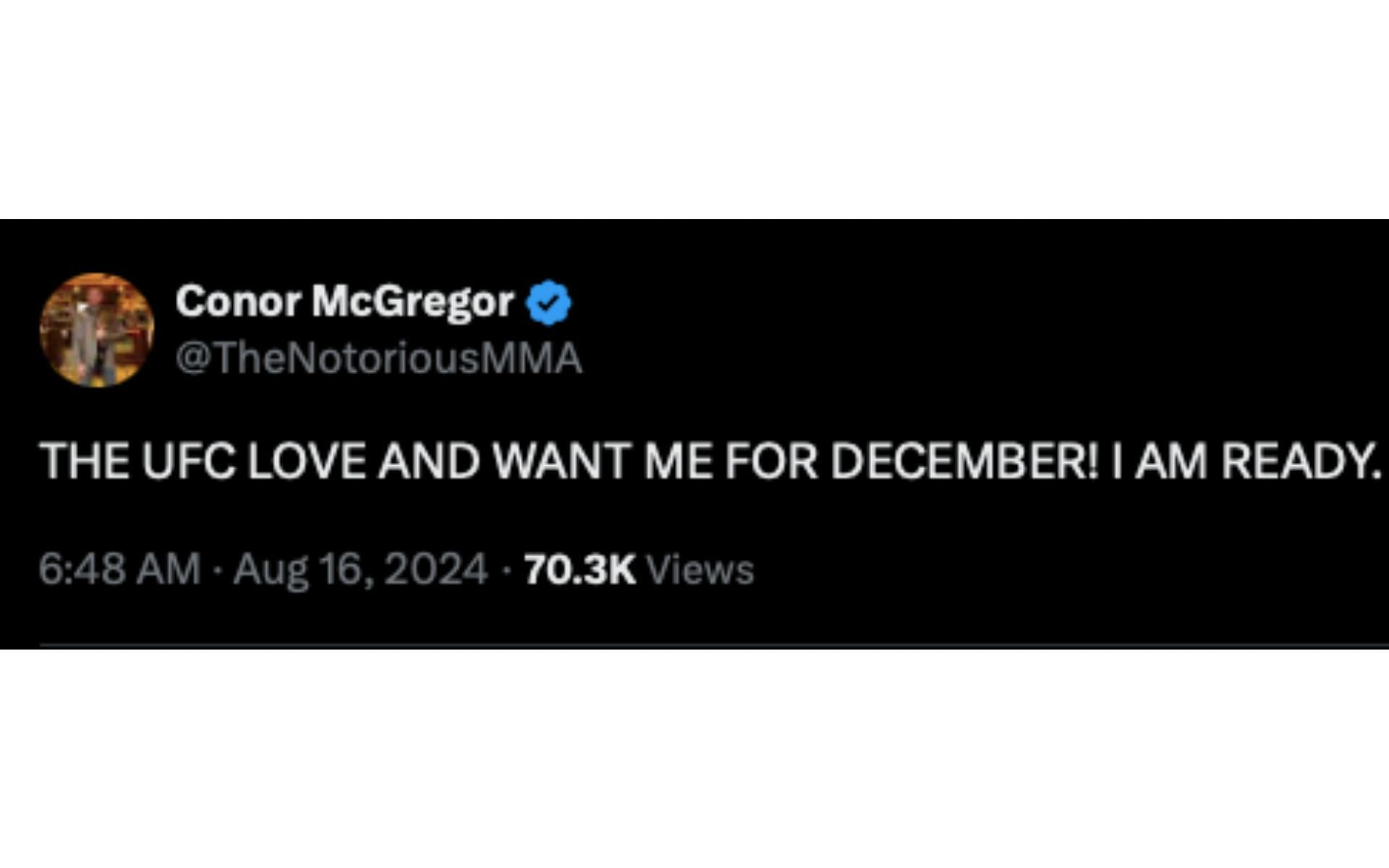 Screenshot of McGregor&#039;s tweet [Image courtesy: @TheNotoriousMMA on X]