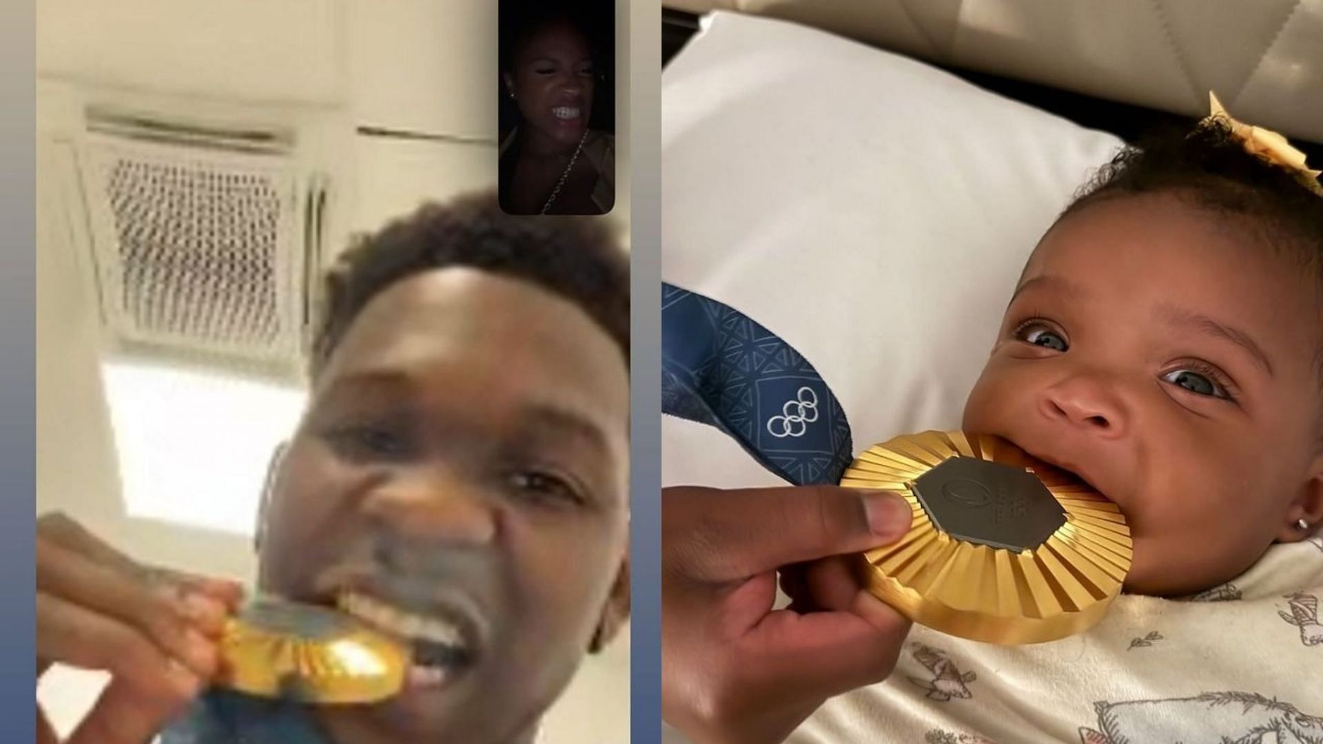 Jeanine Robel posts photos of Anthony Edwards and their daughter biting the Olympic gold medal